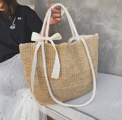 Woven straw bag bow ladies tote bag