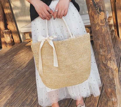 Woven straw bag bow ladies tote bag