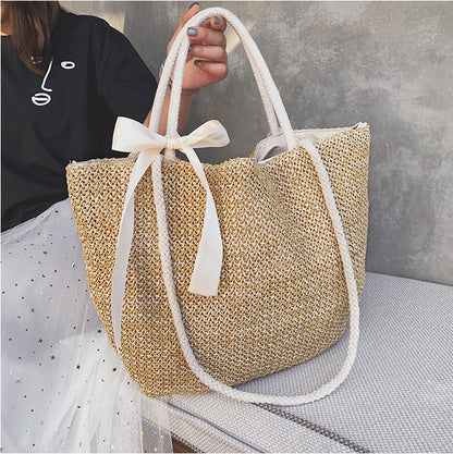 Woven straw bag bow ladies tote bag